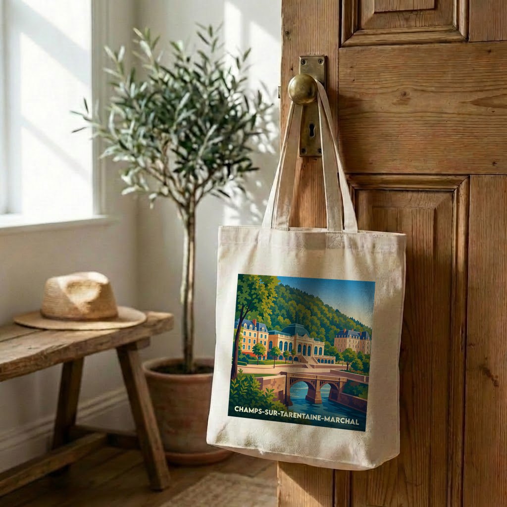 Tote bag souvenir de Champs-sur-Tarentaine-Marchal avec une illustration stylisée de la ville.