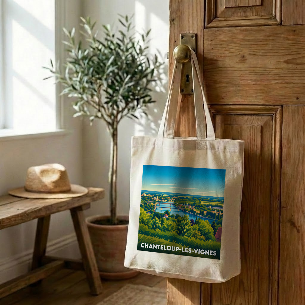 Tote bag souvenir de Chanteloup-les-Vignes avec une illustration paysagère colorée.