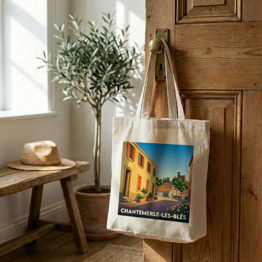 Tote bag souvenir de la ville de Chantemerle-les-Blés avec une illustration stylisée d'une ruelle ensoleillée.