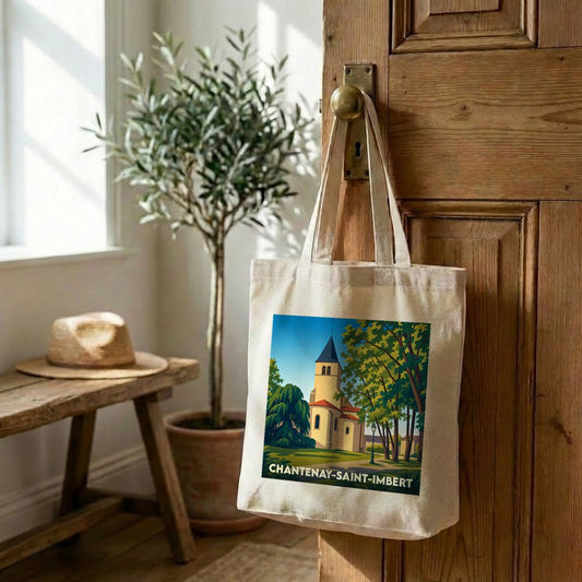 Tote bag souvenir de la ville de Chantenay-Saint-Imbert avec une illustration stylisée de son église.