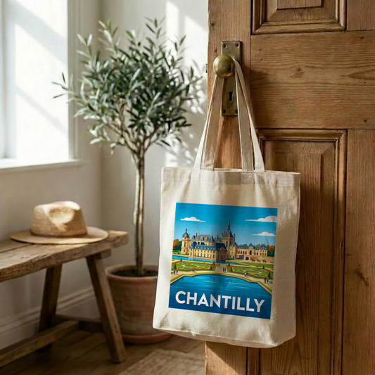 Tote bag souvenir de la ville de Chantilly avec une illustration stylisée du château.