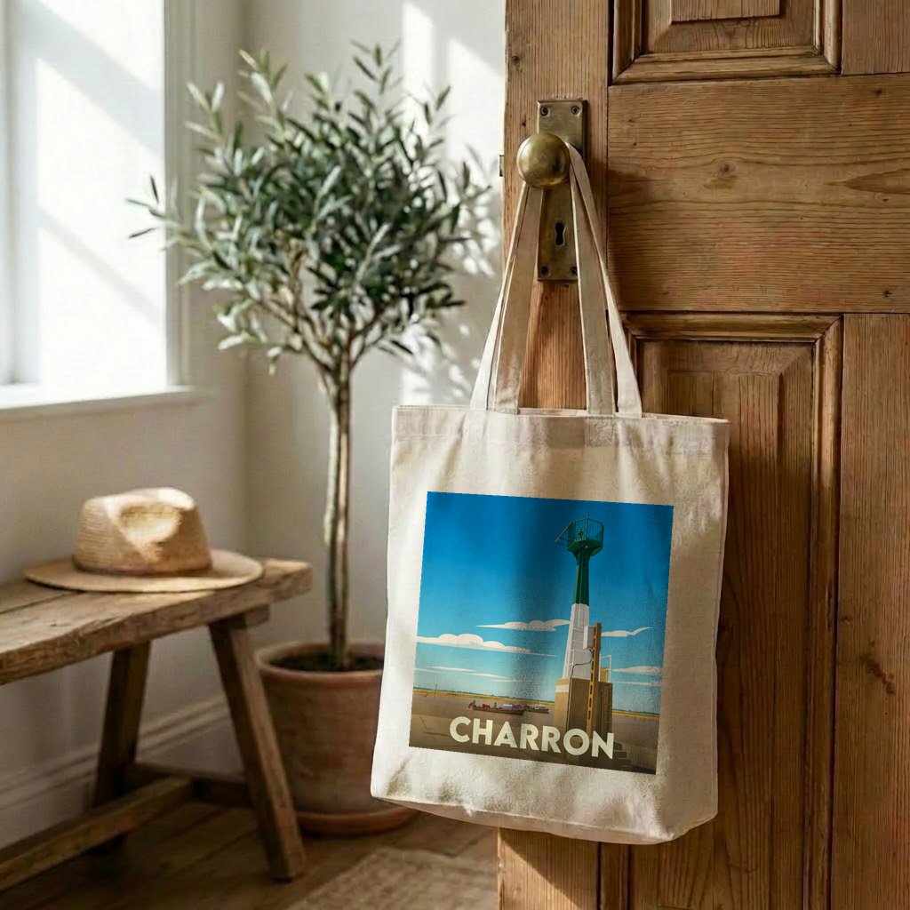 Tote bag souvenir de la ville de Charron illustré d'un phare stylisé.