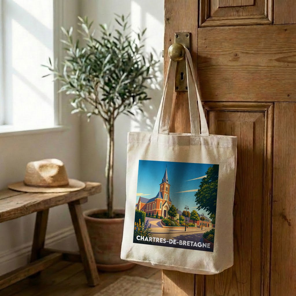 Tote bag souvenir de la ville de Chartres-de-Bretagne avec une illustration stylisée de son église.