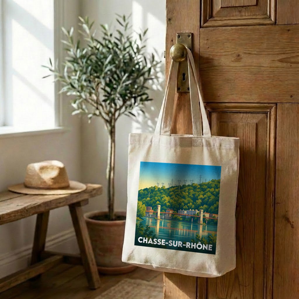 Tote bag souvenir de la ville de Chasse-sur-Rhône avec une illustration stylisée.