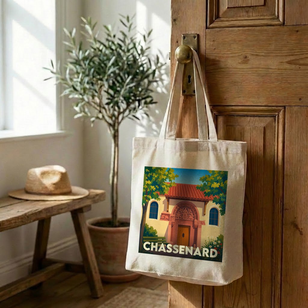 Tote bag souvenir de la ville de Chassenard avec une illustration stylisée.
