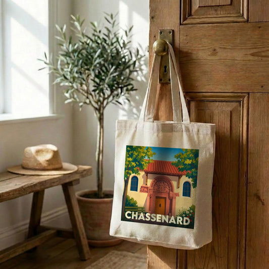 Tote bag souvenir de la ville de Chassenard avec une illustration stylisée.