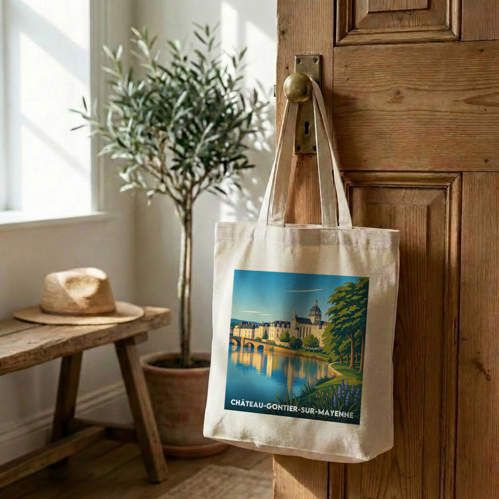 Tote bag souvenir de la ville de Château-Gontier-sur-Mayenne avec une illustration stylisée.