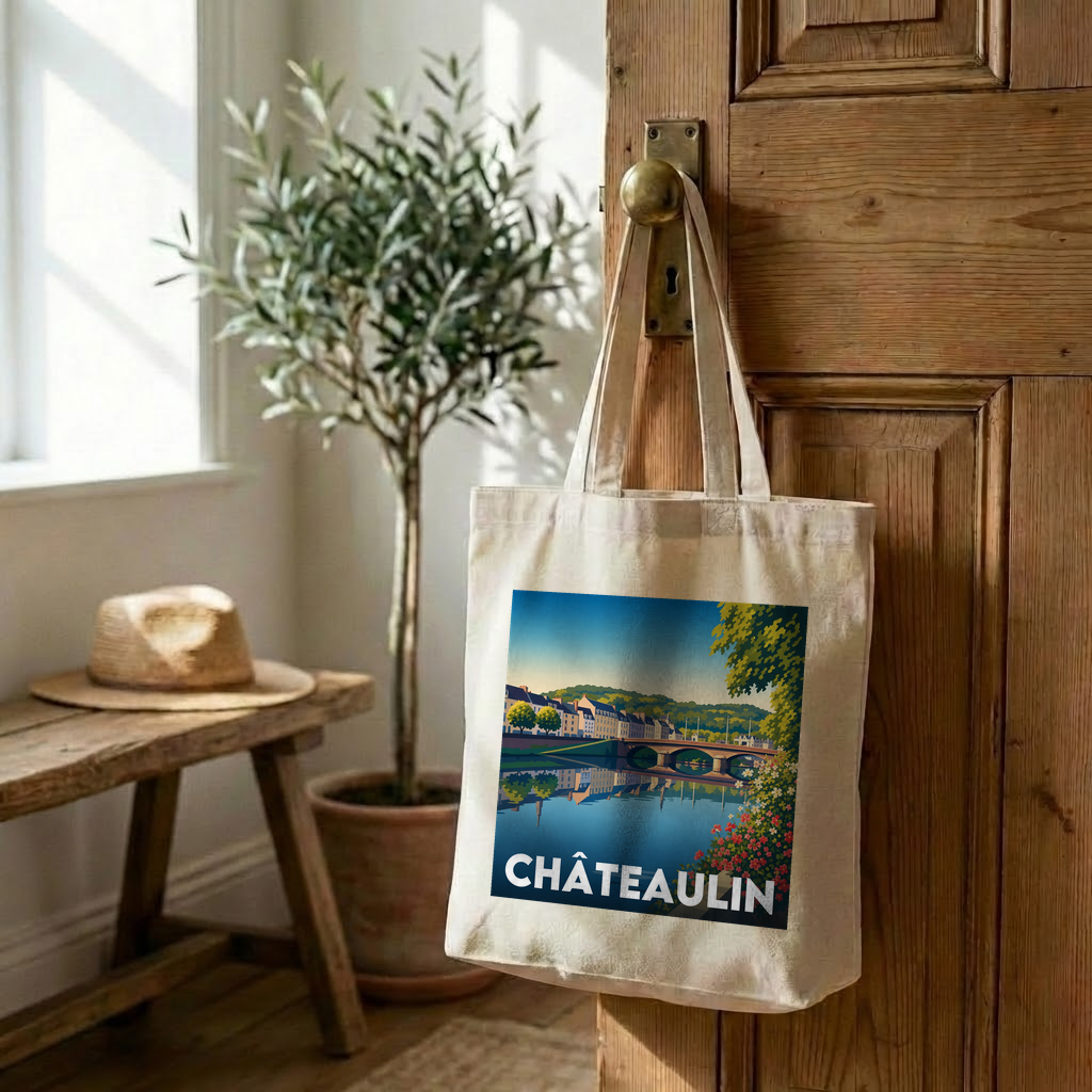 Tote bag souvenir de la ville de Châteaulin avec une illustration stylisée.