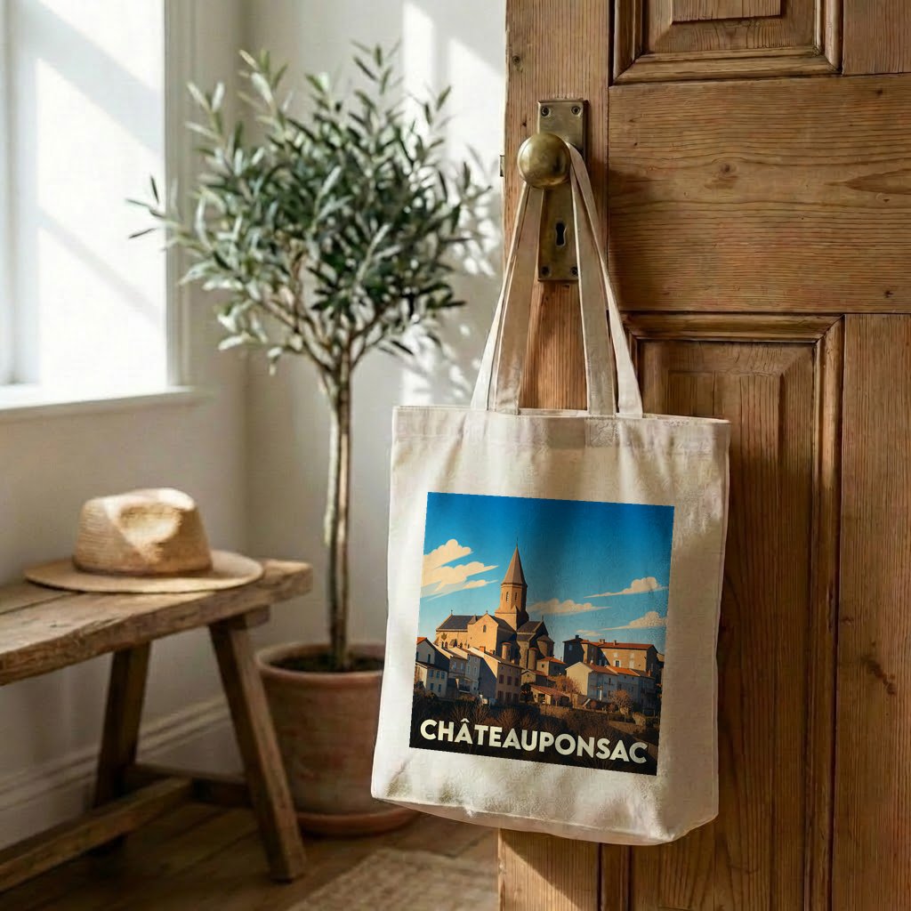 Tote bag souvenir de la ville de Châteauponsac avec une illustration stylisée.