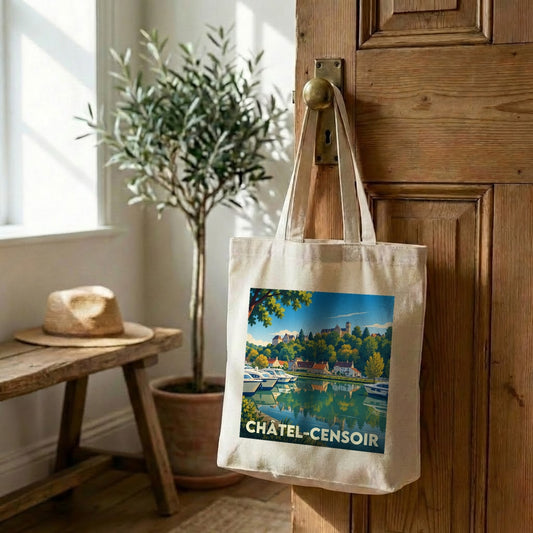 Tote bag souvenir de la ville de Châtel-Censoir avec une illustration stylisée d'un paysage fluvial.