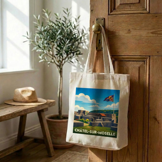 Tote bag souvenir de la ville de Châtel-sur-Moselle avec une illustration stylisée de sa forteresse.