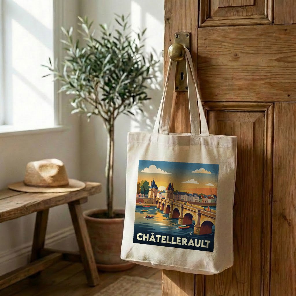 Tote bag souvenir de la ville de Châtellerault avec une illustration stylisée de son pont.