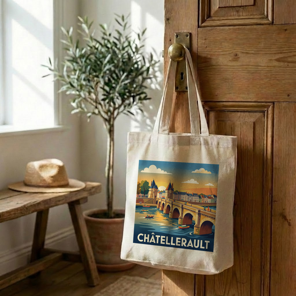 Tote bag souvenir de la ville de Châtellerault avec une illustration stylisée de son pont.