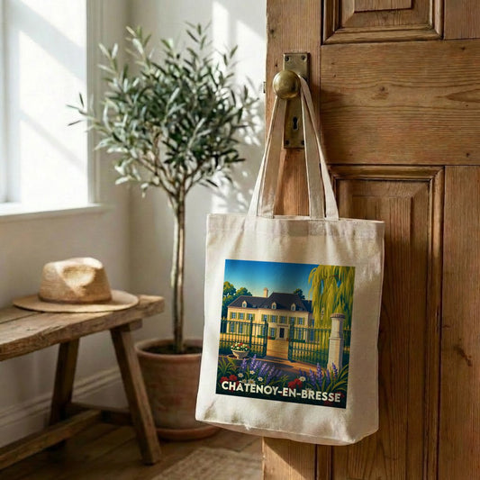 Tote bag souvenir de la ville de Châtenoy-en-Bresse avec une illustration stylisée.