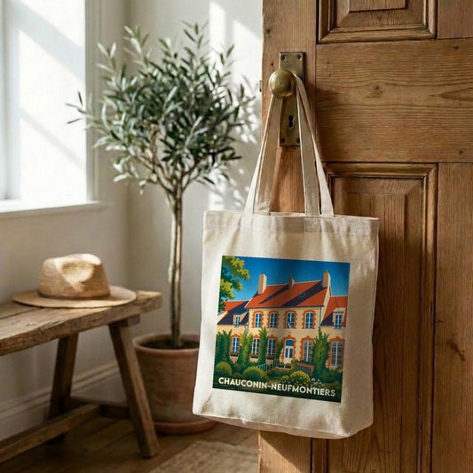 Tote bag souvenir de la ville de Chauconin-Neufmontiers avec une illustration stylisée.