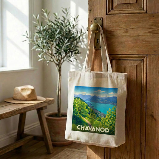 Tote bag souvenir de la ville de Chavanod orné d'une illustration paysagère stylisée.