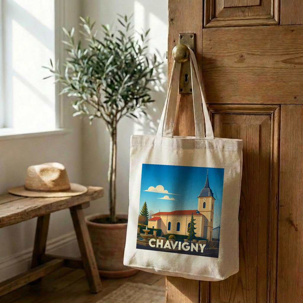 Sac cabas souvenir de la ville de Chavigny avec une illustration stylisée de son église.
