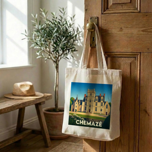 Tote bag souvenir de la ville de Chemazé avec une illustration stylisée de son château.