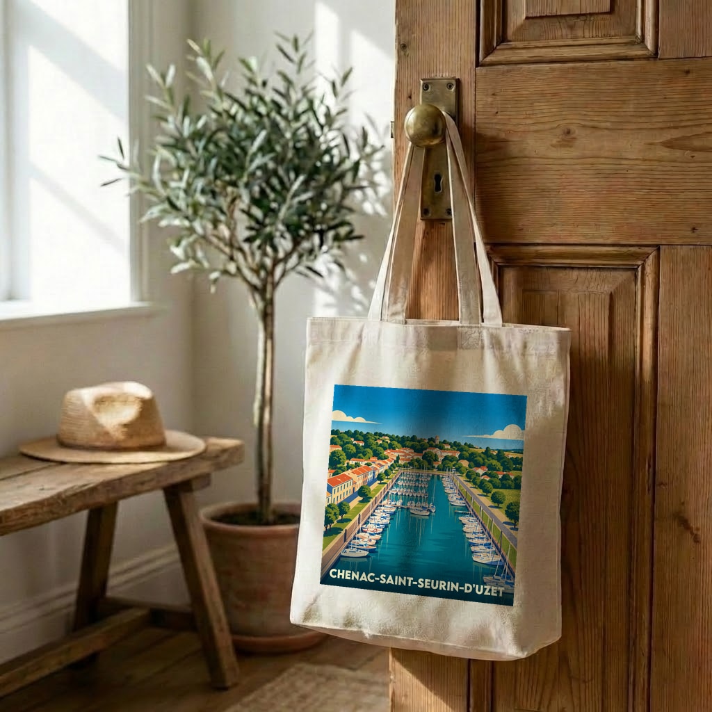 Tote bag souvenir de la ville de Chenac-Saint-Seurin-d'Uzet avec une illustration stylisée du port.