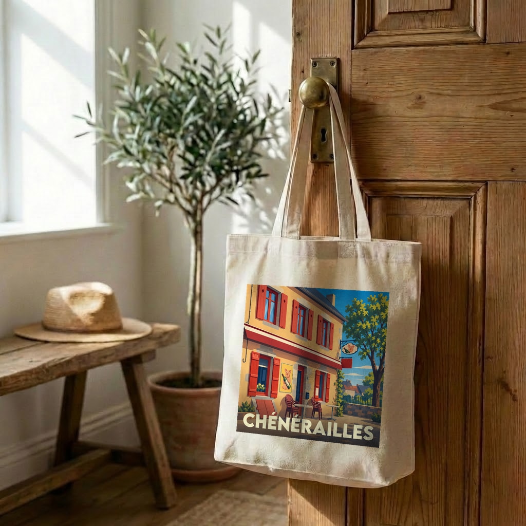 Tote bag souvenir de la ville de Chénérailles avec une illustration stylisée.