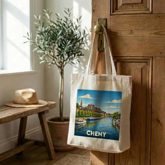 Tote bag souvenir de la ville de Cheny illustré d'un paysage urbain au bord de l'eau.
