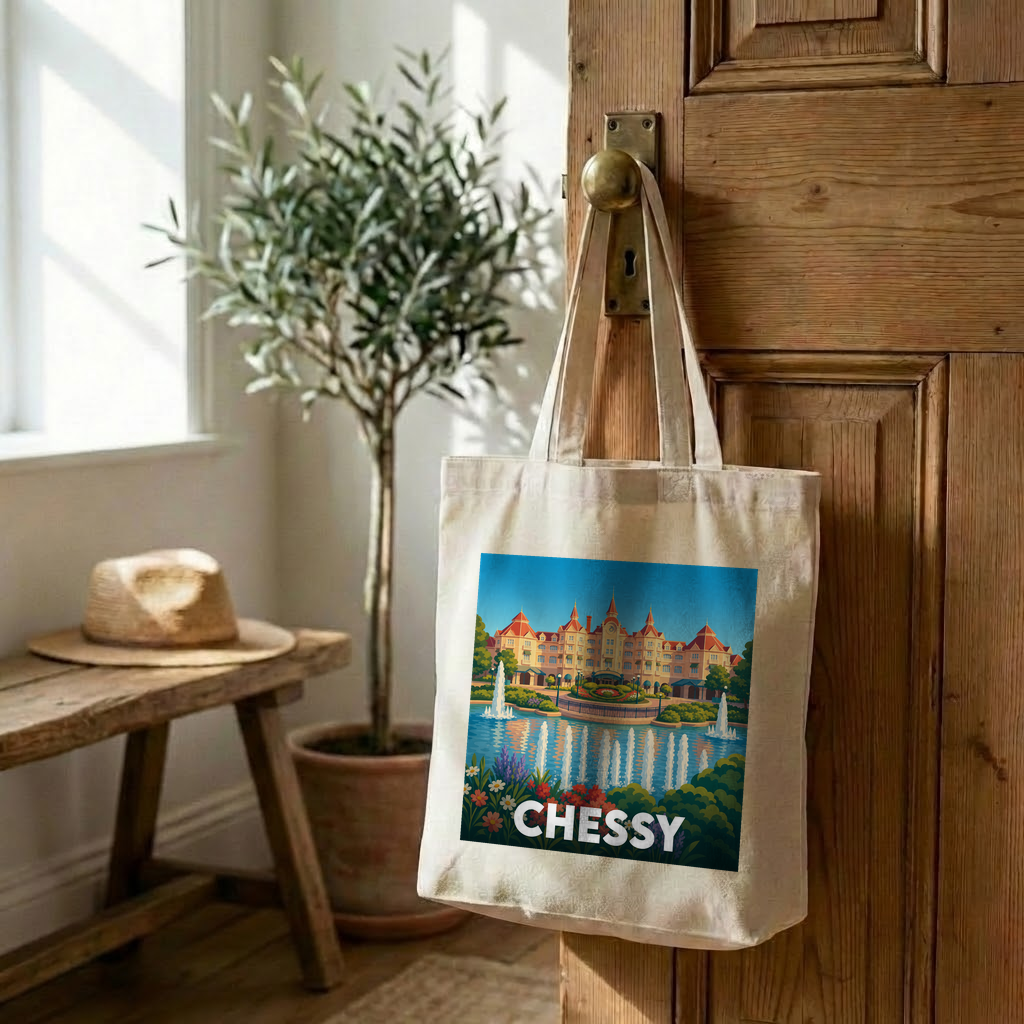 Tote bag souvenir de la ville de Chessy avec une illustration colorée et stylisée.