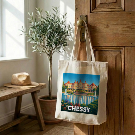 Tote bag souvenir de la ville de Chessy avec une illustration colorée et stylisée.