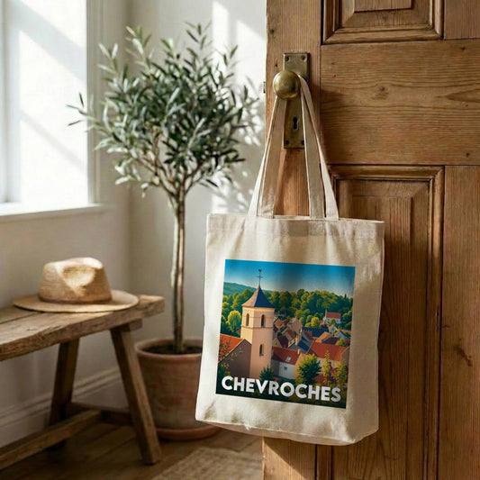Tote bag souvenir de la ville de Chevroches avec une illustration stylisée.