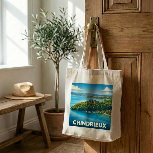 Tote bag souvenir de la ville de Chindrieux avec une illustration stylisée.