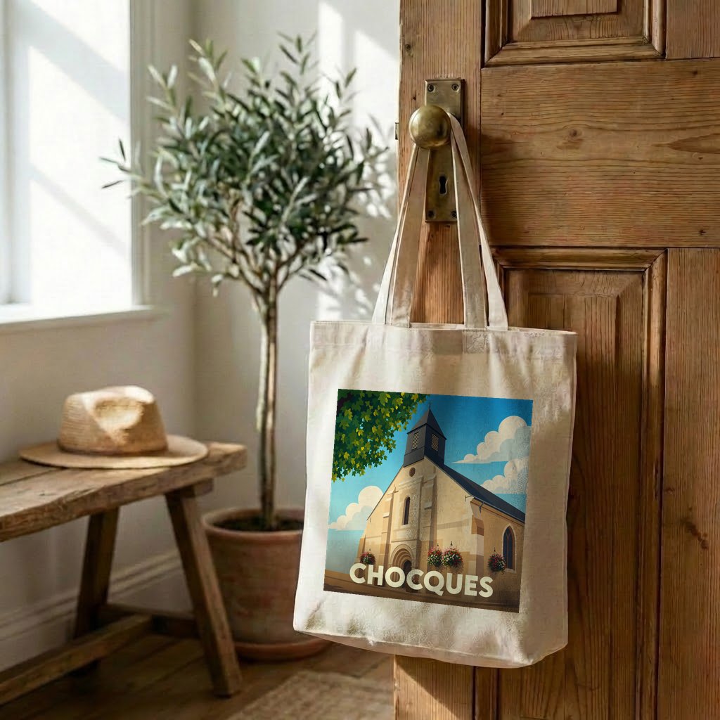 Tote bag souvenir de la ville de Chocques avec une illustration stylisée de son église.