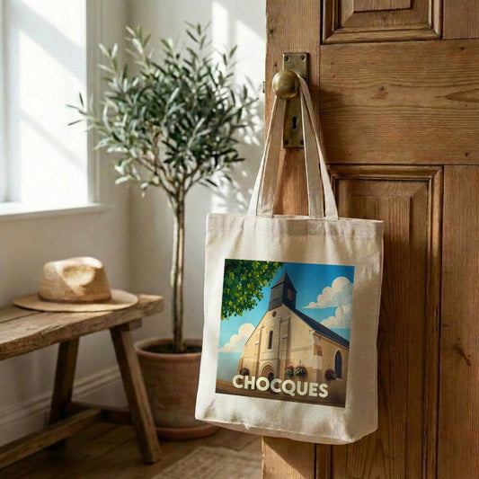 Tote bag souvenir de la ville de Chocques avec une illustration stylisée de son église.