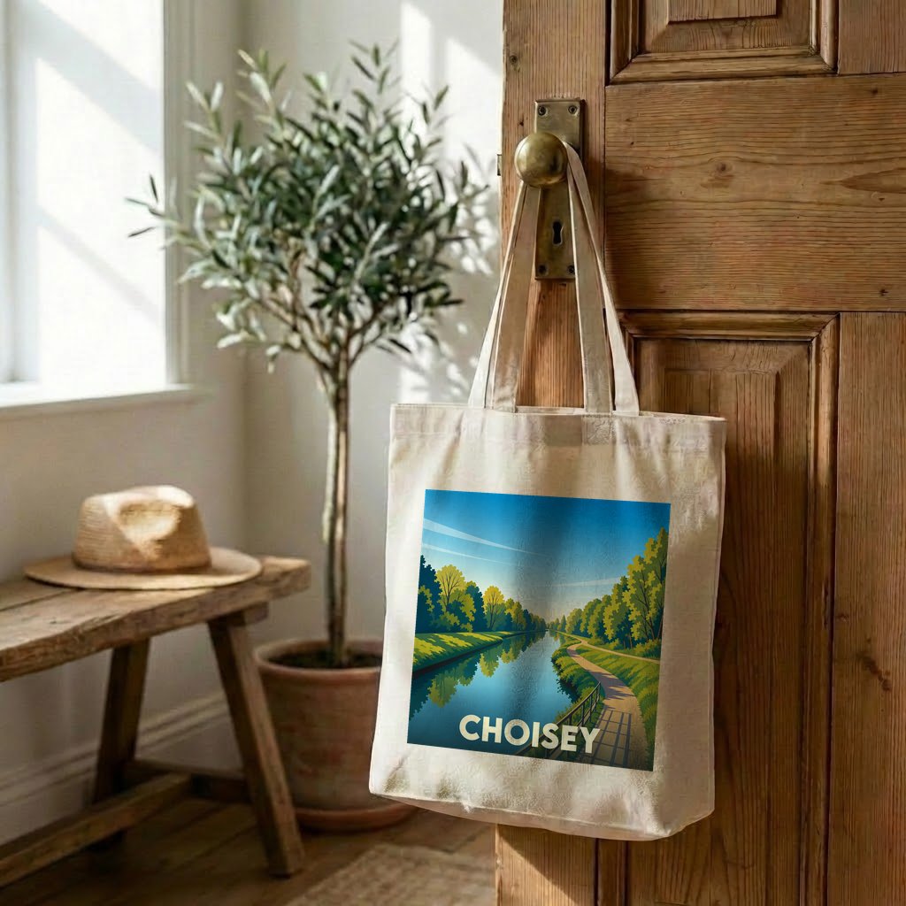Tote bag souvenir de la ville de Choisey avec une illustration stylisée d'un canal bordé de verdure.