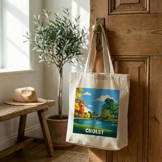 Tote bag souvenir de la ville de Cholet avec une illustration stylisée de son parc.