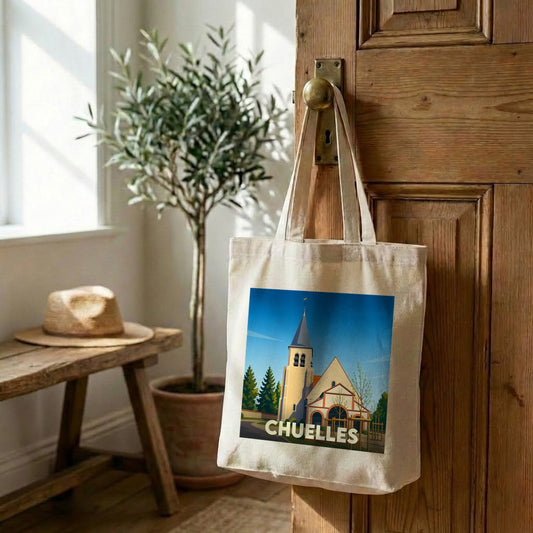 Tote bag souvenir de la ville de Chuelles illustré d'un dessin stylisé de son église.