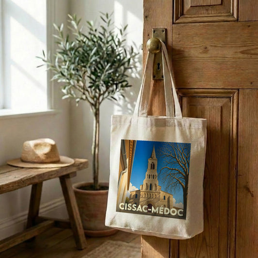 Tote bag souvenir de la ville de Cissac-Médoc avec une illustration stylisée d'un clocher.
