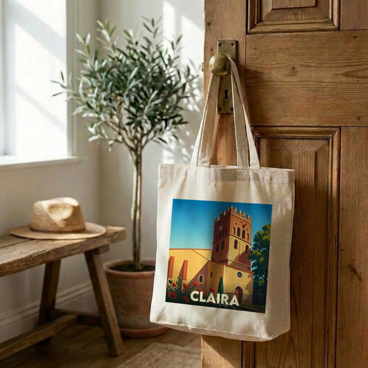 Tote bag souvenir de la ville de Claira avec une illustration stylisée.