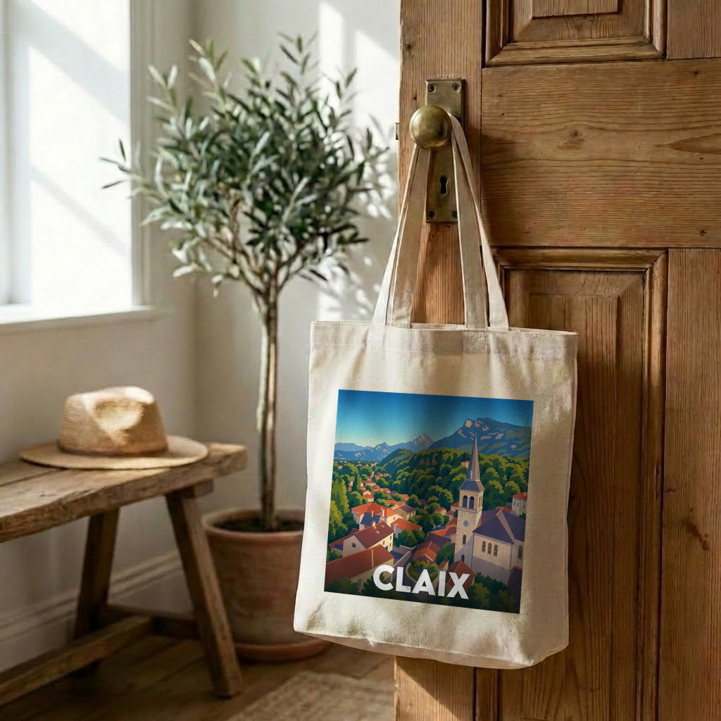 Tote bag souvenir de la ville de Claix orné d'une illustration stylisée du village et des montagnes.