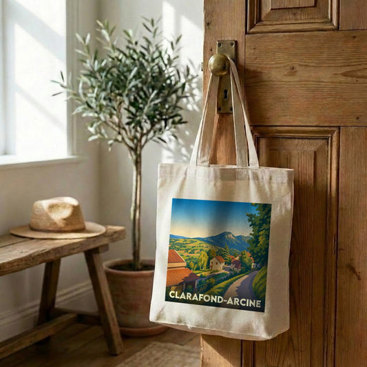 Tote bag souvenir de la ville de Clarafond-Arcine avec une illustration stylisée.