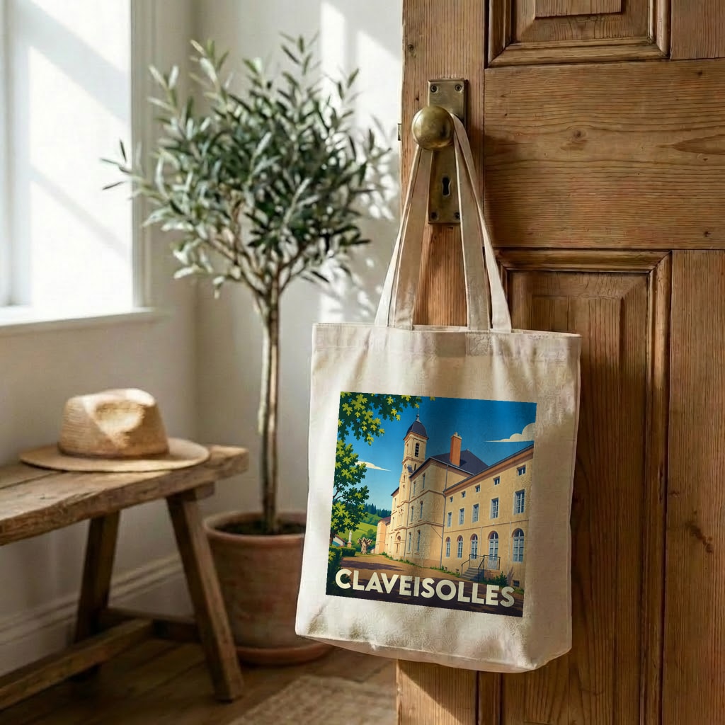 Tote bag souvenir de la ville de Claveisolles illustré par une vue stylisée du village.