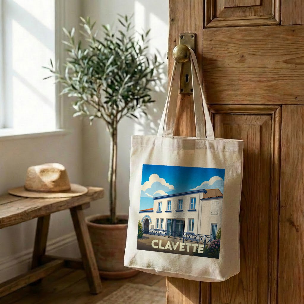 Tote bag souvenir de la ville de Clavette avec une illustration stylisée.