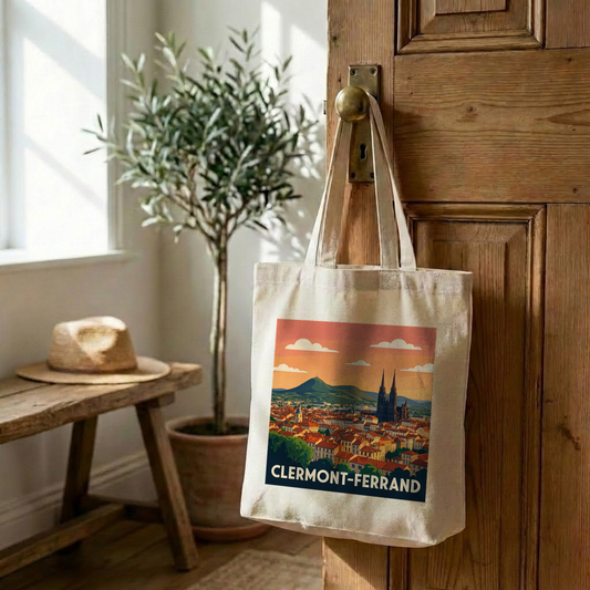 Tote bag souvenir de la ville de Clermont-Ferrand avec une illustration stylisée.