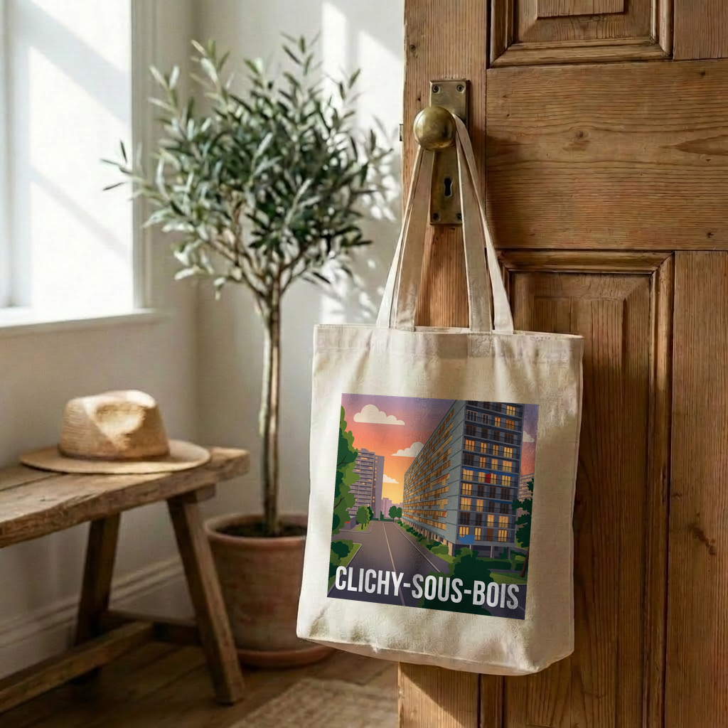 Tote bag souvenir de la ville de Clichy-sous-Bois avec une illustration stylisée.