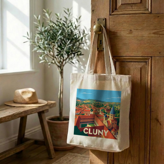 Tote bag souvenir de la ville de Cluny avec une illustration stylisée.