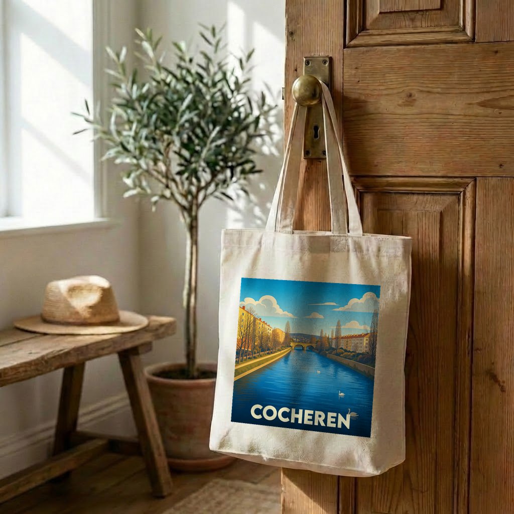 Sac cabas souvenir de la ville de Cocheren avec une illustration stylisée d'un canal.