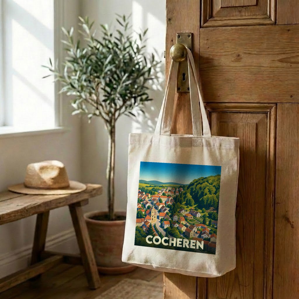 Tote bag souvenir de la ville de Cocheren avec une illustration stylisée.