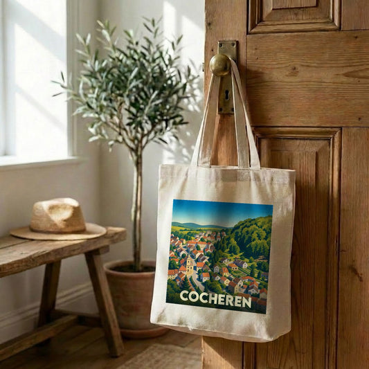 Tote bag souvenir de la ville de Cocheren avec une illustration stylisée.