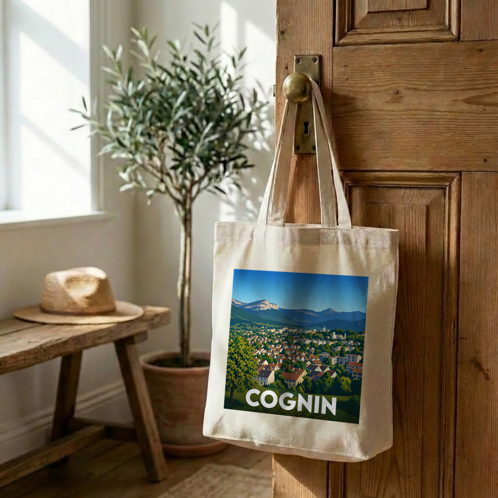Tote bag souvenir de la ville de Cognin avec une illustration stylisée.