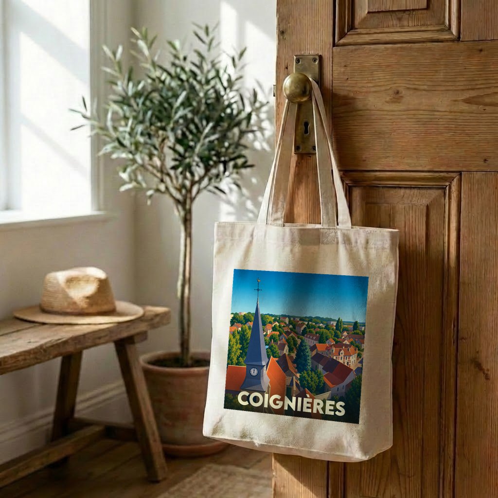 Tote bag souvenir de la ville de Coignières avec une illustration stylisée.
