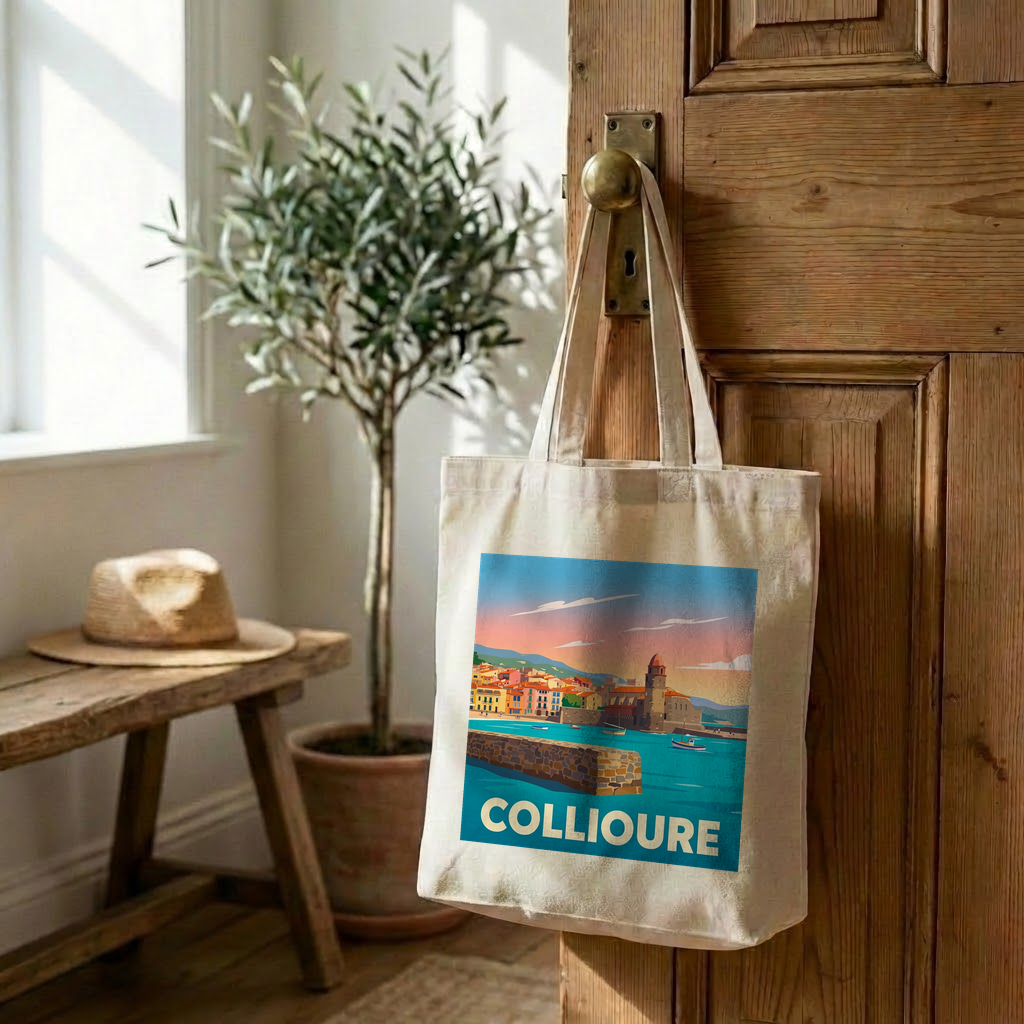 Tote bag souvenir de la ville de Collioure avec une illustration stylisée.