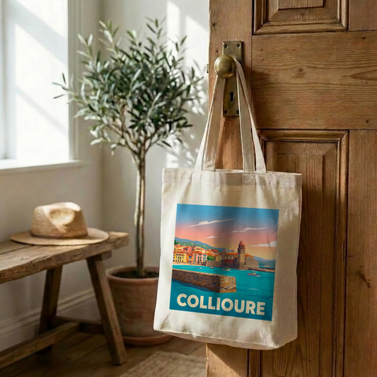 Tote bag souvenir de la ville de Collioure avec une illustration stylisée.